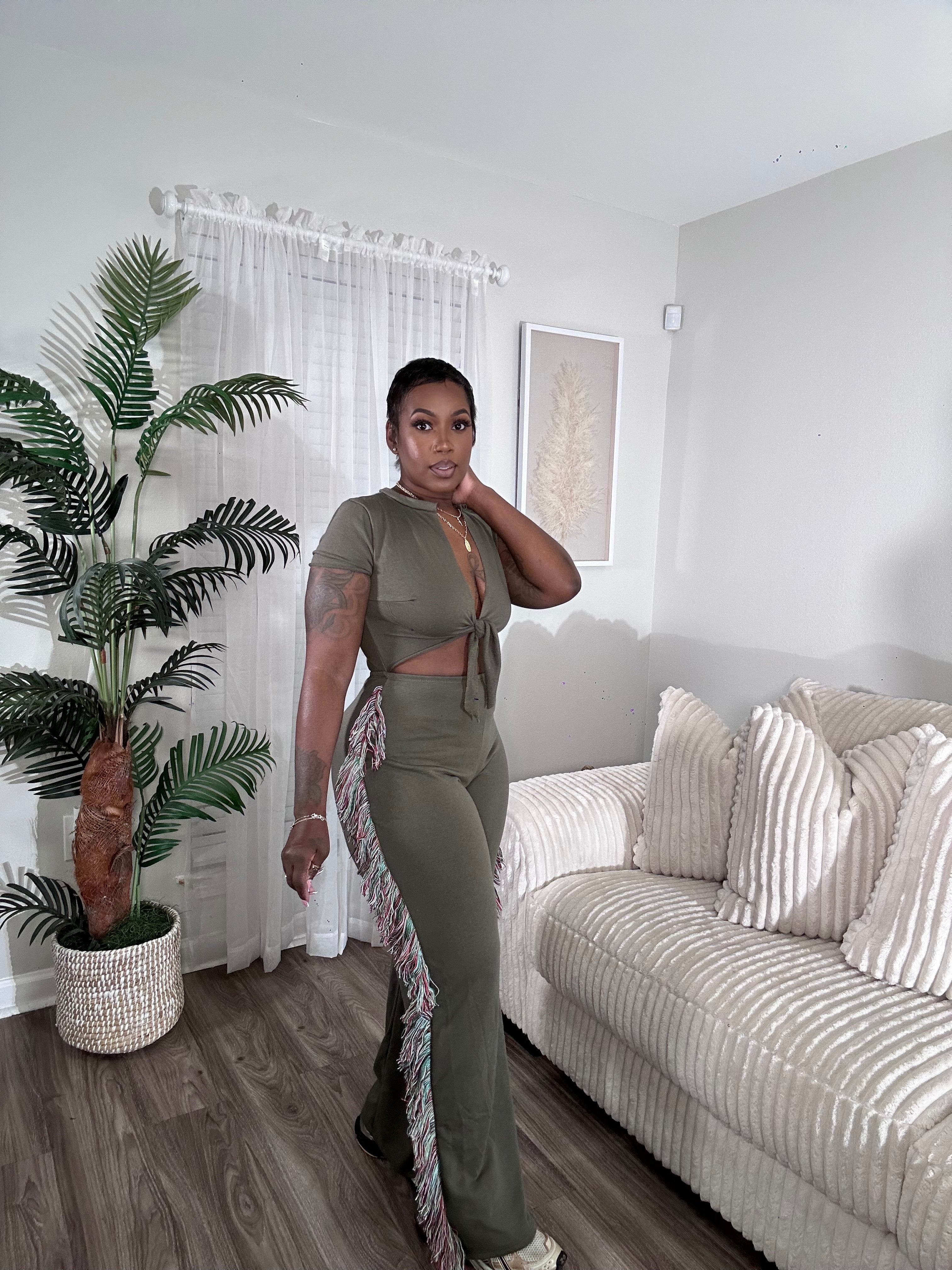 Olive with a twist jumpsuit